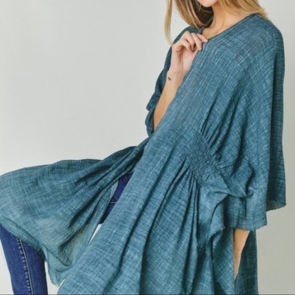 Davi & Dani | Gauzy Smocked Kimono Cardigan - Moss Green - Picture 4 of 5